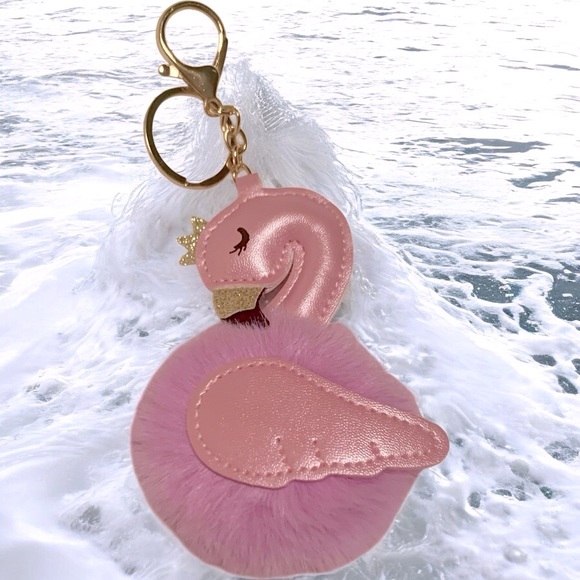 Flamingo Pink, Purple, & Gold Faux Fur Rhinestone-Encrusted Key Chain, Bag, Car - Picture 3 of 5